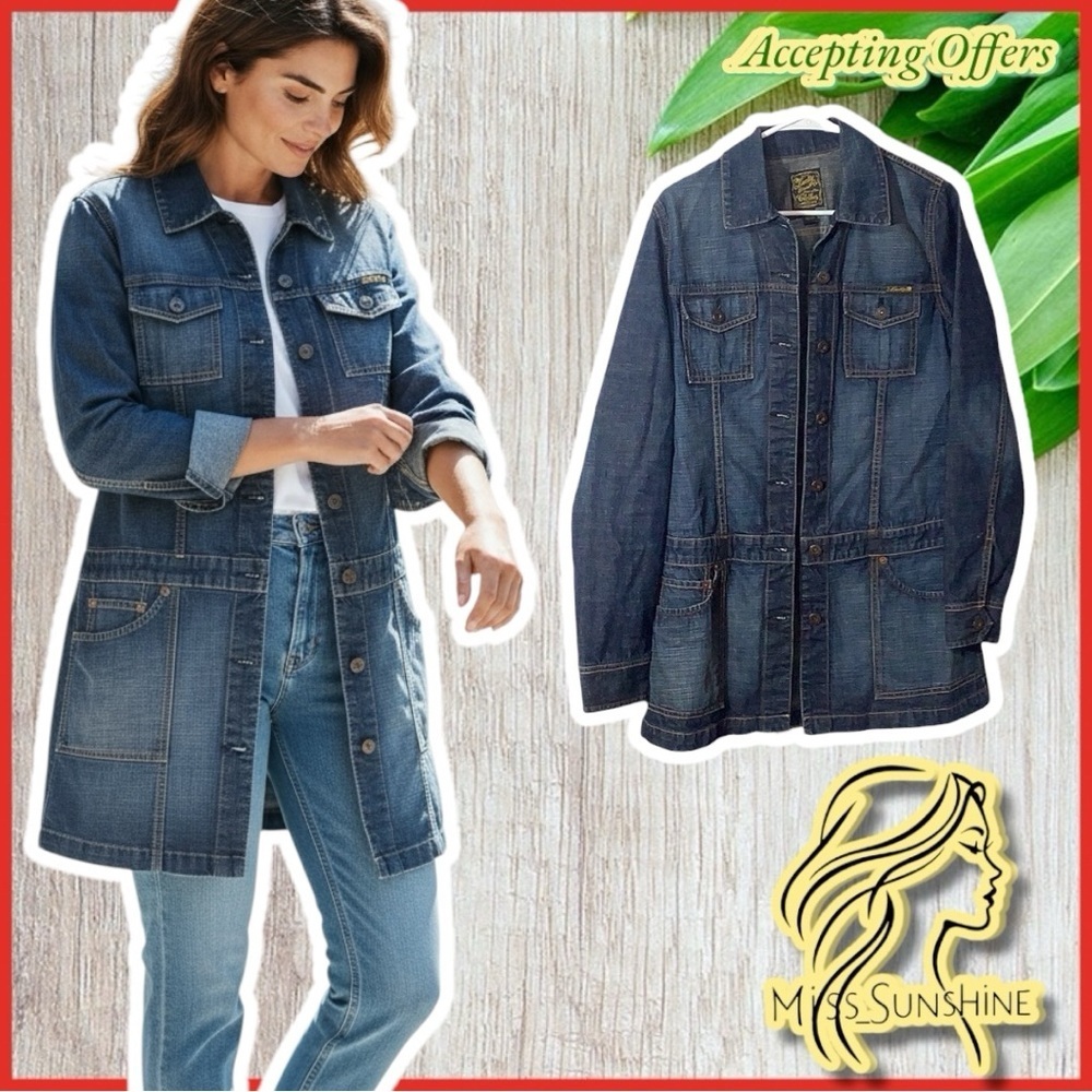Lucky Brand - Sz M - 100% cotton denim long jacket slit pockets - button closure
